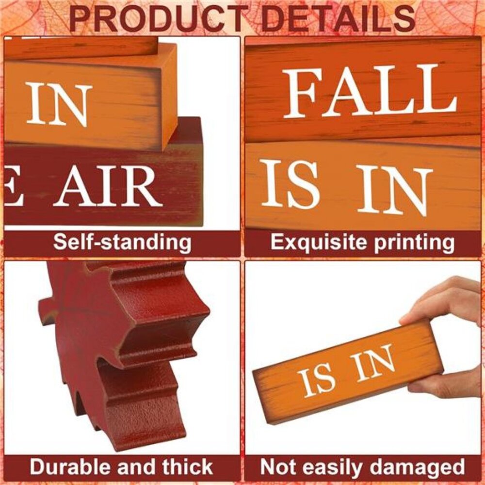 4 PCS Fall Maple Leaf Wooden Table Block Sign Thanksgiving Wood Tiered Tray - Picture 4 of 8